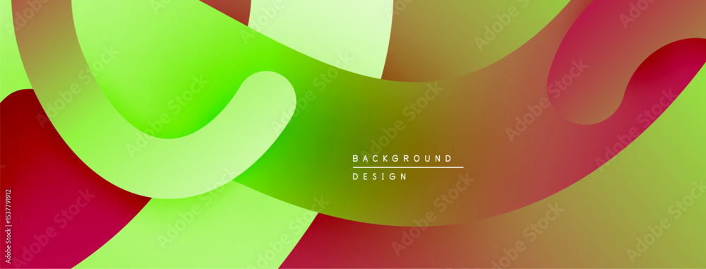 Poster Abstract fluid shapes overlap. Green, red, yellow hues blend smoothly creating dynamic composition. Modern design element.