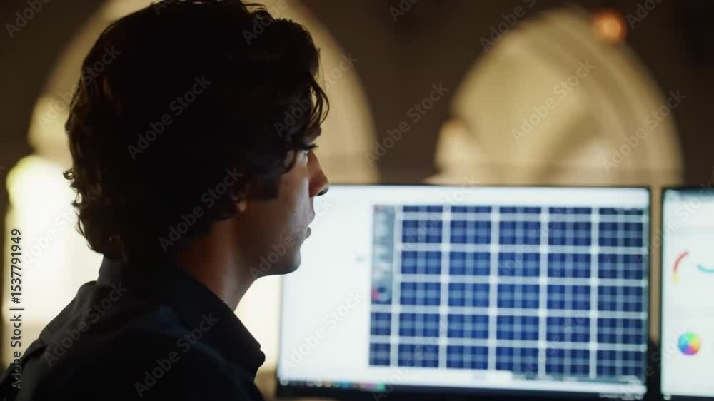 Poster dark haired person working on computer displaying grid patterns and color palettes in architectural 