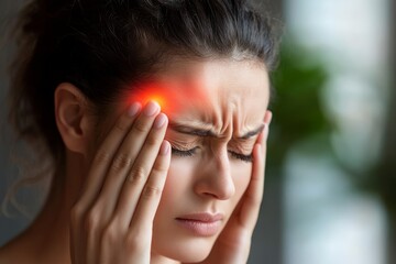 Fototapeta premium A woman experiences a headache, holding her temples with a pained expression in a softly lit environment.