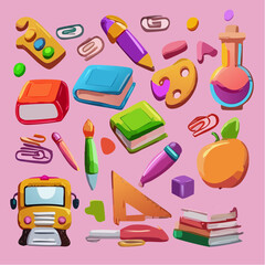 Colorful collection of school supplies and elements arranged on a soft pink background, perfect for educational projects and creative designs.