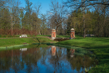 View of the Turkish (Red) cascade on the Upper Ponds in the Catherine Park of Tsarskoye Selo on a...