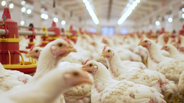 Dense White Chicken Gathering Indoors with Bright Lighting and Red Feeding System for Poultry and Agricultural Farm