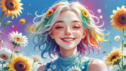 Smiling girl with rainbow hair in sunflower field on sunny day.  Vibes for a good day.