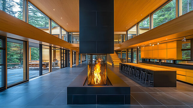 Modern open-plan home with fireplace, large windows, and forest view. Suitable for architecture, interior design or real estate stock