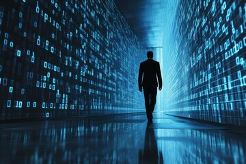 A figure walks through a digital corridor filled with binary code, symbolizing technology and data.
