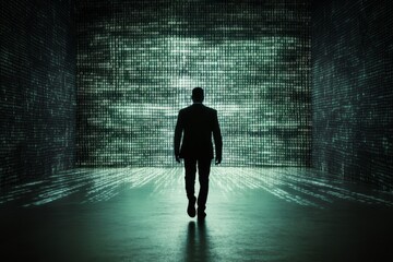 Obraz premium A silhouette walks toward a wall of digital patterns, creating a sense of intrigue and mystery.