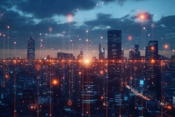 City skyline at dusk with data visualization elements overlaying the scene.