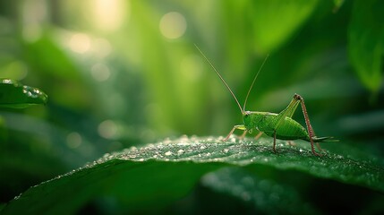 Fototapeta premium Green grasshopper on dewy leaf