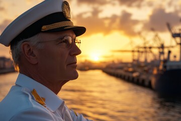 A thoughtful captain gazes over the water at sunset, reflecting on his maritime journey.