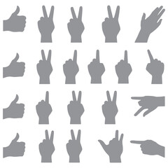 Black Hand Gesture Icons Vector Set – Peace Sign, Thumbs Up, Pointing, Fist, and Handshake Silhouettes