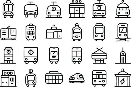 Outline icon set of light rail transit systems isolated on transparent background