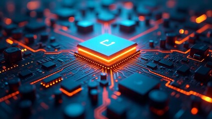 Glowing AI Chip on Futuristic Digital Circuit Board