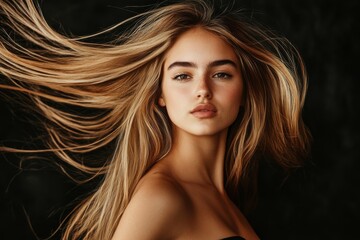 Obraz premium A striking portrait of a woman with flowing hair, exuding confidence and beauty against a dark background.