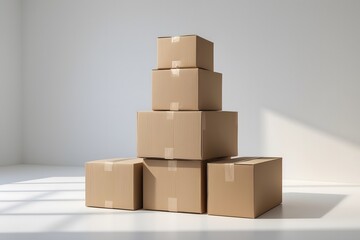 Fototapeta premium Stack of plain cardboard boxes arranged in a pyramid shape on a bright, neutral background