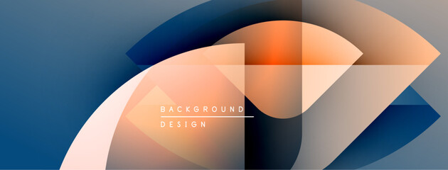 Abstract geometric shapes blend, creating dynamic visual flow. Orange, blue hues dominate composition. Minimal text present.