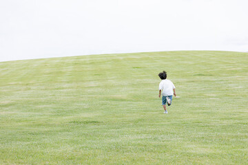 丘を駆け上る男の子の後ろ姿	