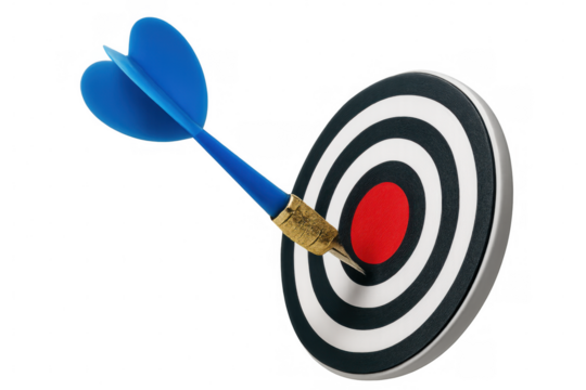Blue dart precisely striking bullseye, symbolizing strategic targeting, business success, goal achievement against clean transparent backdrop