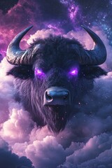 Cosmic Bison with Glowing Purple Eyes Emerging from Mystical Clouds

