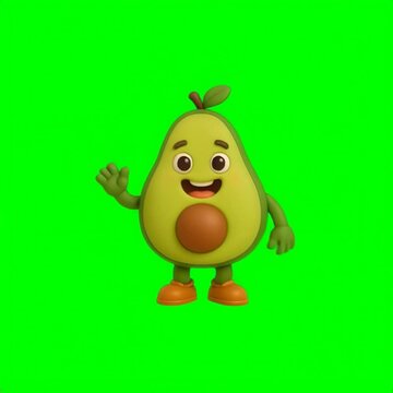 Funny avocado monster cartoon character joyfully dancing on green screen background, generative AI