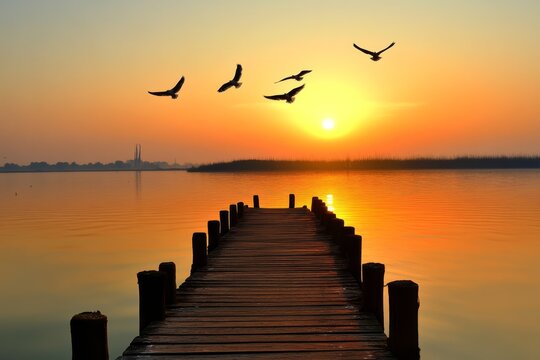 Serene sunset over a calm lake with birds flying above a wooden pier.