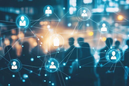 Digital connections and networking visualized with abstract figures against a blurred urban background. - Powered by Adobe
