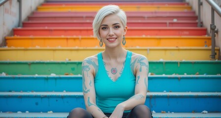 Trans woman with short platinum hair in pride fashion sitting confidently on stairs