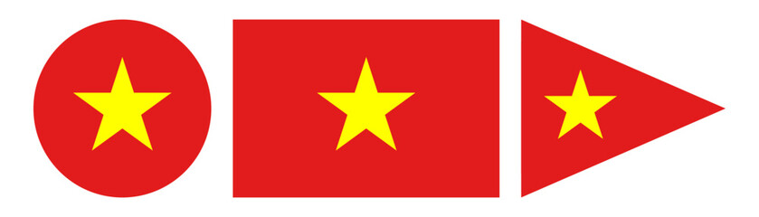 Set of Vietnam flags in different shapes – circle, rectangle, and triangle – featuring a yellow star on a red background, symbol of national pride and patriotism