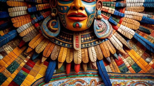 Ornate sculpted tribal mask adorned with vibrant feathers and intricate patterned decorations in a colorful display of artistry