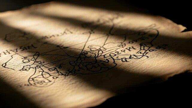 Old parchment map illuminated with sunbeams creates a vintage and mysterious scene