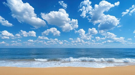 Beach scene, blue ocean, fluffy clouds, golden sand