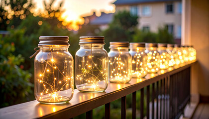 Romantic balcony scene with glass jars filled with soft white string lights, creating a warm and inviting ambiance.