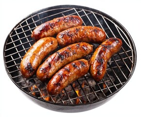 Small portable bbq grill sausages, cooked, isolated on white