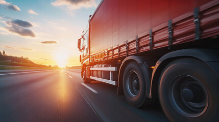 Delivery truck in motion at sunset on open highway capturing travel and transport dynamic environment perspective