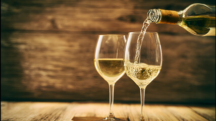 Obraz premium Two elegant wine glasses with white wine being poured; a moment of refined indulgence and timeless elegance.