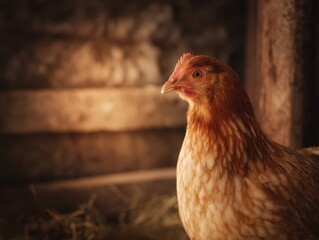 Close-up of a hen in a rustic chicken coop, warm ambient lighting, earthy tones.