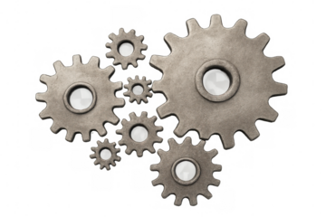 Interlocking metal gears rotating precisely, representing mechanical synergy against clean transparent backdrop