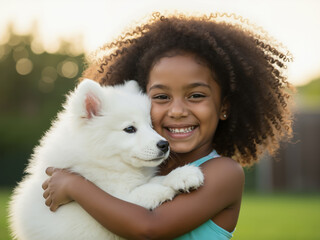 Smiling Black girl embracing her fluffy white American Eskimo puppy. Adorable portrait of a child and her new dog. For pet storesummer banner. First encounter with new puppy
