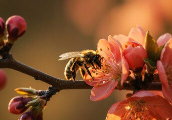 Macro Shot of Wild Bee Pollinating Spring Blossoms with Dew and Sunlight