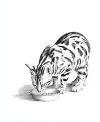handdrawn black and white image of a Bengal cat, eating pet food in a bowl, plain white background 