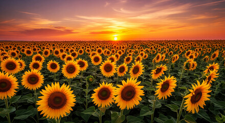 Wide view of sunflower field at golden hour with scenic horizon