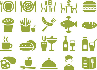 A series of minimalist solid black silhouette icons representing restaurant menu chef's hat coffee cup martini glass
 and plate with fork and knife