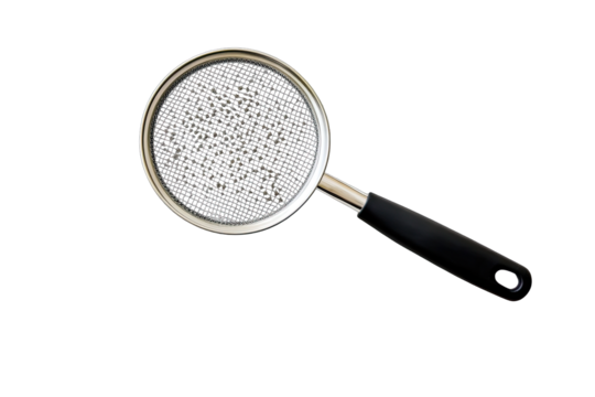 Round strainer with fine mesh and black handle