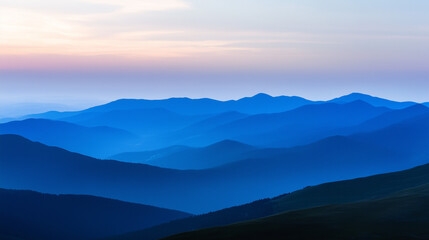 Obraz premium Mountain silhouette under twilight sky, serene blue tones blending into dusk, nature's quiet grandeur