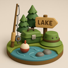 3D Icon of Fishing Gear and Lake Adventure