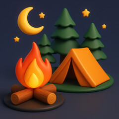 3D Icon of Fire Pit and Nighttime Camping