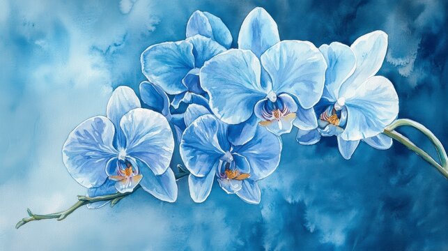 Vibrant blue orchids in artistic watercolor style painting.