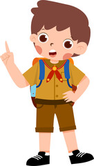 Boy Scout with Backpack, Idea, Upward Point, Uniform, Cartoon Illustration