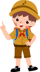 Cartoon Boy Scout: Curious Explorer with Backpack and Brown Uniform Pointing Upward.