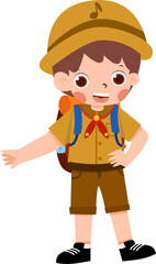 Cartoon Boy Scout in Uniform with Backpack and Hat, Pointing.