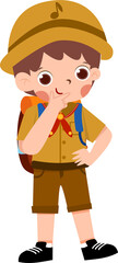 Pensive Boy Scout: Cartoon Explorer with Backpack and Safari Hat